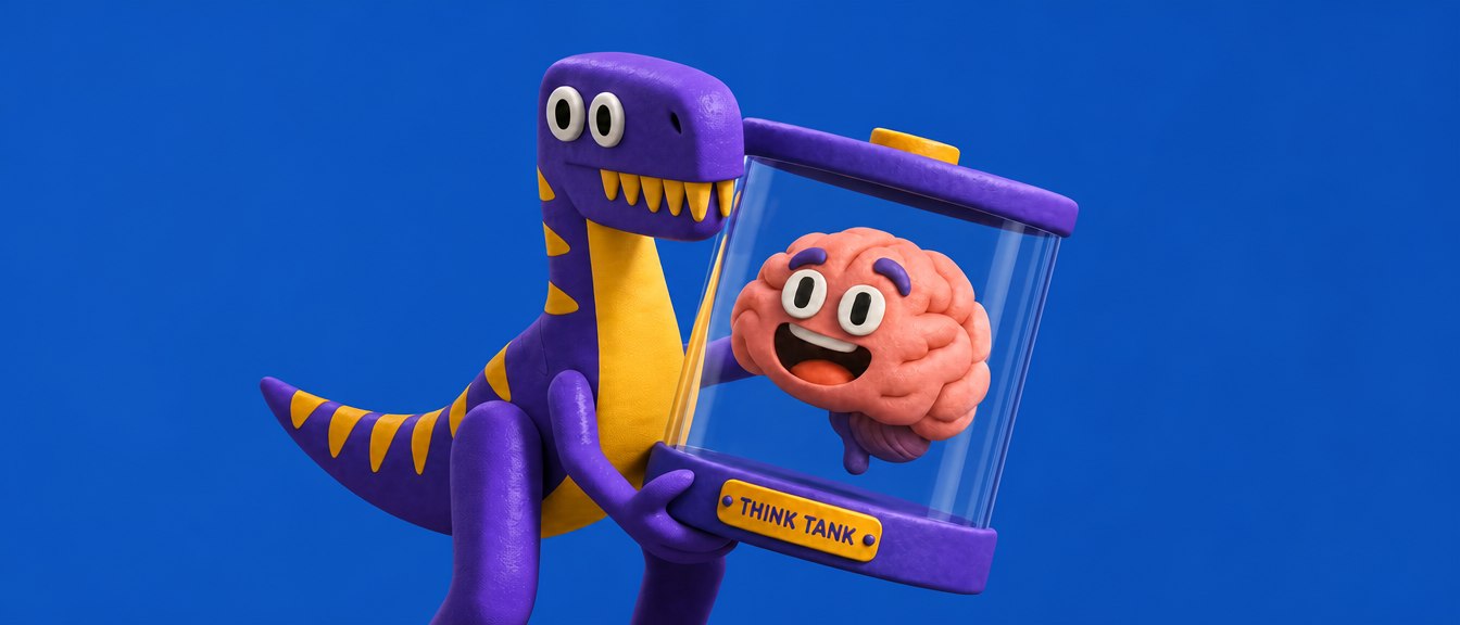 The Velociraptor Solutions mascot holding a brain inside a jar labelled Think Tank